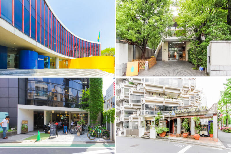 <b>左上・</b>曲線的な建物と南国を感じさせるカラフルなペイントが印象的な「ブラジル連邦共和国大使館」(徒歩6分)。/<b>右上・</b>都会の真ん中とは思えない、豊かな光景が広がる中でコーヒーを楽しめる「ブルーボトルコーヒー青山カフェ」(徒歩14分)/<b>左下・</b>「パンとエスプレッソと」は行列のできるパン屋さん。モーニングも楽しめますよ。(徒歩7分)/<b>右下・</b>インテリアまで本場にこだわったメキシコ料理「Fonda De La Madrugada(フォンダ・デ・ラ・マドゥルガーダ)」。このお店が入るマンションも、ヴィンテージな雰囲気でとても素敵なんです。(徒歩7分)