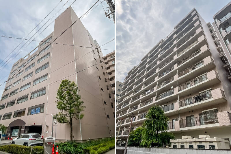 さすが駅近物件! 通り沿いには事務所棟が建っており、脇道から奥へ進むと住居棟という2棟構成になっています。事務所棟にはクリニックなどが入っていますよ。