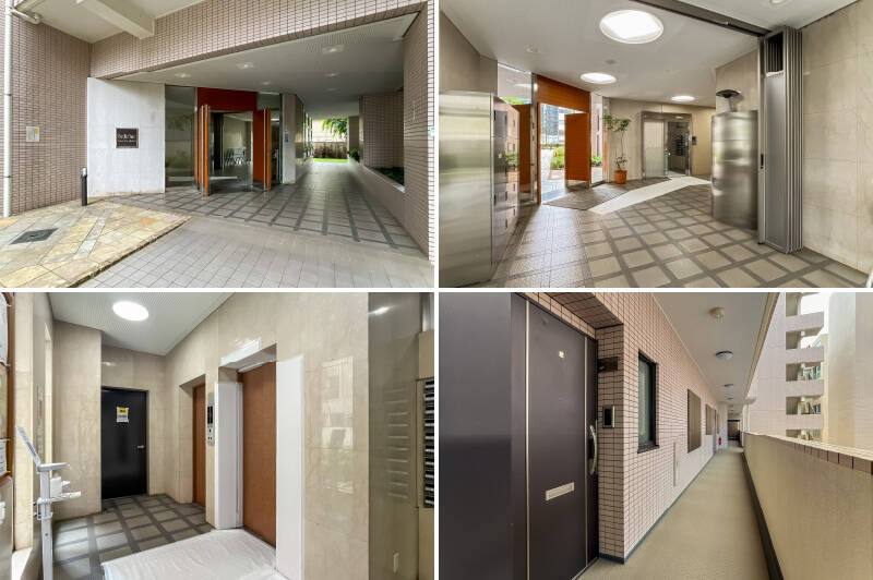 <b>左上・</b>こちらが住居棟のエントランス。通りから奥まっている分、セキュリティ面でも安心です。/<b>右上・</b>オートロック、宅配ボックスを完備。/<b>左下・</b>エレベーターが2機あるのもうれしい。/<b>右下・</b>住戸が所在する7階の共用廊下。