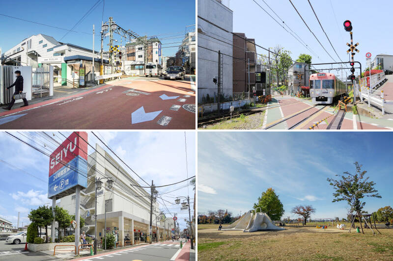<b>左上・</b>「渋谷」と「吉祥寺」を結ぶ京王井の頭線。中でも「富士見ヶ丘」は、各駅停車駅らしいのどかな雰囲気が魅力です(徒歩2分)。/<b>右上・</b>急行停車駅「久我山」も徒歩圏内ですので使い分け可能ですよ(徒歩12分)。/<b>左下・</b>最寄りのスーパーは「西友 富士見ヶ丘店」は徒歩4分の距離にあります。なんと24時間営業です!/<b>右下・</b>マンションから徒歩3分のところにある「都立高井戸公園」。広大な芝生広場では、お子さまを遊ばせながらマットを広げてピクニックしたり、ランニングをしたり……思い思いに過ごせる公園です。