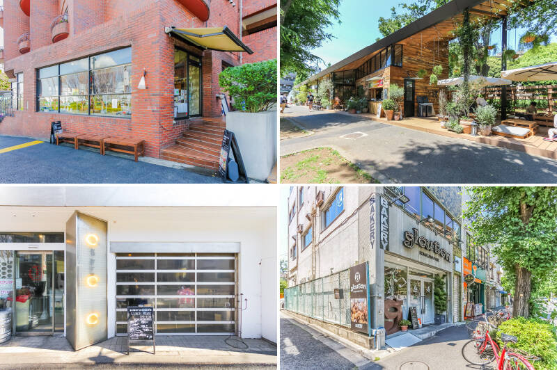 <b>左上・</b>「KOMAZAWA PARK CAFE」は駒沢通り沿いにあります。朝の散歩帰りに立ち寄っても。明るいうちからお酒を飲める雰囲気も素敵。(徒歩6分)/<b>右上・</b> “世田谷育ち” の野菜をふんだんに使ったカフェレストラン「Mr.FARMER 駒沢公園店(ミスターファーマー)」。ワンちゃんとお食事を楽しめるテラス席がオススメですよ。(徒歩8分)/<b>左下・</b>カフェブームの草分け的存在、「Bowery kitchen(バワリー・キッチン)」。軽食からワインに合うお食事まで、豊富なメニューが揃っています。(徒歩4分)/<b>右下・</b>ほっとする街のパン屋さん「glouton(グルートン)」。種類豊富なお惣菜パンを買って公園ブランチもいいですね。(徒歩9分)