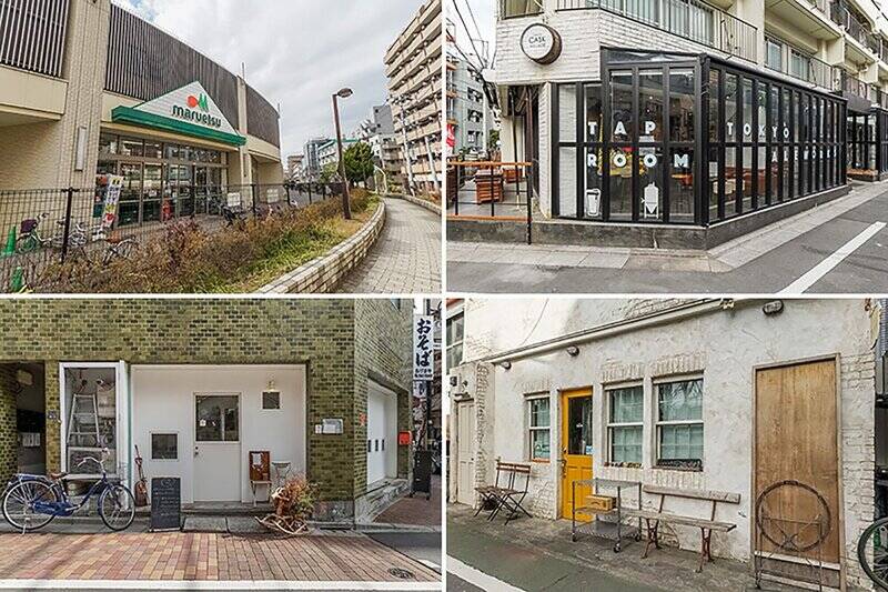 <b>左上・</b>駅から物件までの道中にあるスーパー「マルエツ 板橋駅前店」。比較的大型店舗かつ、帰り道にサクッと立ち寄れるので便利です◎(徒歩4分)/<b>右上・</b>「Tokyo Aleworks TAPROOM 板橋 」はブルワリー併設のカジュアルなビアホール。豊富な種類のクラフトビールを前に、迷っちゃうこと必至です!(徒歩3分)/<b>左下・</b>こぢんまりしたカフェ「kiki:器々(キキ)」。素敵な器に注がれたコーヒーをゆっくり味わってみてください。(徒歩4分)/<b>右下・</b>ライブ設備のあるカフェ「ファイト! 板橋」。手作りカレーや週替わりパスタなど、美味しいランチ目当てに何度も通いたくなりそう。(徒歩6分)