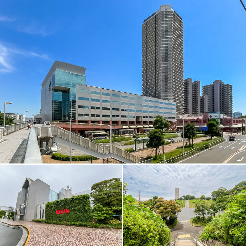 <b>上・</b>JR京浜東北線「新子安」駅と京急本線「京急新子安」駅直結の商業施設「オルトヨコハマ」。飲食店やドラックストアなどが入っており、日常の買い物に便利です。(徒歩12分)/<b>左下・</b>「キリンビール 横浜工場」では、工場見学のほか、敷地内のビアホールでお料理とビールを楽しめます。(徒歩6分)/<b>右下・</b>木々が茂る「子安台公園」は、園内の緑が心地よく、そばを走る首都高を見渡すこともできますよ。夜のお散歩にぴったりです。(徒歩8分)