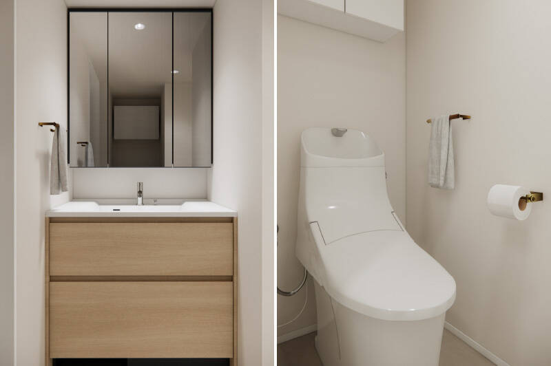 <b>左・</b>カウカモがオリジナルでデザインした、ナチュラルモダンな洗面台。/<b>右・</b>トイレには洗面室を経由する間取り。シンプルながらも、タオル掛けやペーパーホルダーにお揃いの真鍮をあしらうなど気の利いた見た目です。
