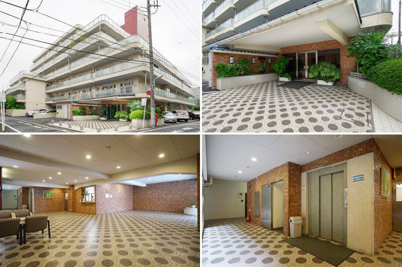 1973年に竣工した、総戸数62戸のマンション。モザイクタイルが貼られた広い共用ホールや吹き抜け構造の中庭など、建物全体がいい雰囲気です。
