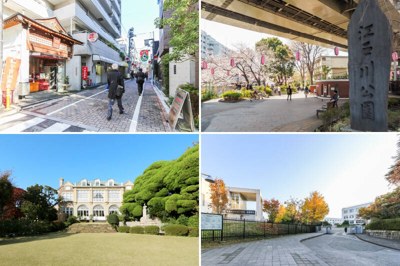 <b>左上・</b>江戸川橋通りから東西約250m、南北約150mに十字を描いて延びる「地蔵通り商店街」。(徒歩9分)/<b>右上・</b>神田川沿いは「江戸川公園」として整備され、四季折々の自然を愉しむことができます。(徒歩5分)/<b>左下・</b>マンションから音羽通りを挟んだところには「鳩山会館」。文化的建造物も物件周辺に点在しています。(徒歩4分)/<b>右下・</b>「筑波大学付属中学校・高等学校」をはじめ、有名校が集まるエリアです。(徒歩9分)