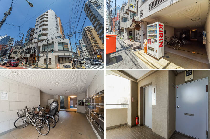 <b>左上・</b>建物全景はこちら。1982年築・総戸数29戸のマンションです。直近では2023年に大規模修繕工事を実施しており、清潔感のある状態でしたよ。/<b>右上・</b>エントランスは団子坂に面したところに。/<b>左下・</b>駐輪スペースや集合ポストの先にエレベーターがあります。オートロックはありませんが、管理人さんが週4日体制で勤務されています。/<b>右下・</b>11階にあるのは、ご紹介の住戸ともうひとつの住戸のふたつのみ。プライベート感は高めと言えそうです。