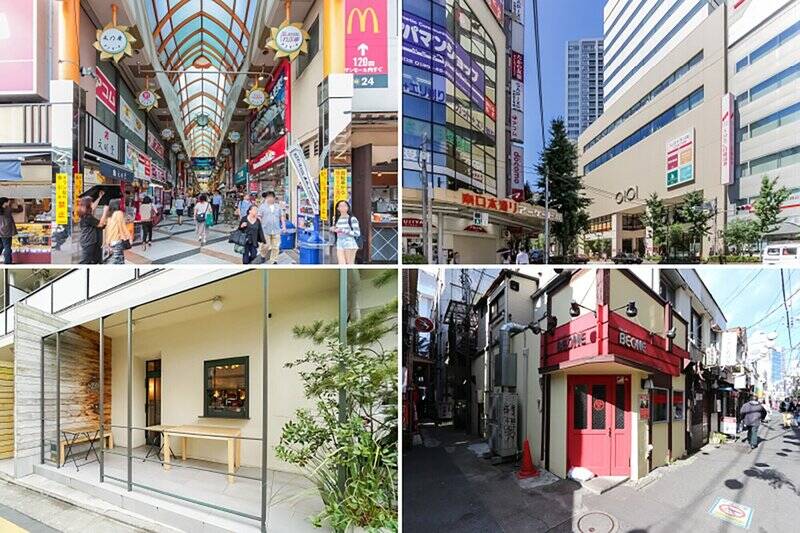 <b>左上・</b>駅北口を出ると「中野サンモール商店街」が。活気あるアーケード商店街には、飲食店はもちろん生活雑貨店も豊富に揃っています。(徒歩12分)/<b>右上・</b>南口ロータリー前には「中野マルイ」と「中野南口駅前商店街」があり、こちらもにぎわいを感じます。(徒歩10分)/<b>左下・</b>有名店で修業を積んだシェフが腕を振るうフレンチレストラン「松㐂(まつき)」。グルメメディアでも取り上げられる人気店を、贅沢に普段使いできそう。(徒歩7分)/<b>右下・</b>隠れ家イタリアン「BEONE(べオーネ)」。ひとりでもふらっと立ち寄りやすいアットホームな雰囲気です。(徒歩14分)