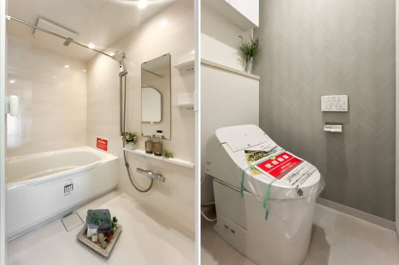 バスルームは浴室乾燥機付き。トイレは脱衣室を出た先、玄関付近に位置します。