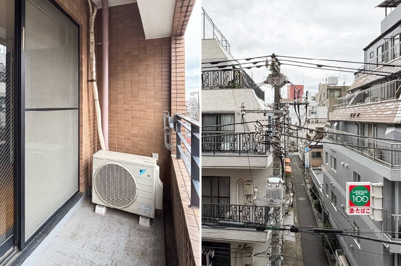 <b>左・</b>奥行きに少しゆとりのあるバルコニー。/<b>右・</b>正面には道路を挟んで別の建物が見えます。