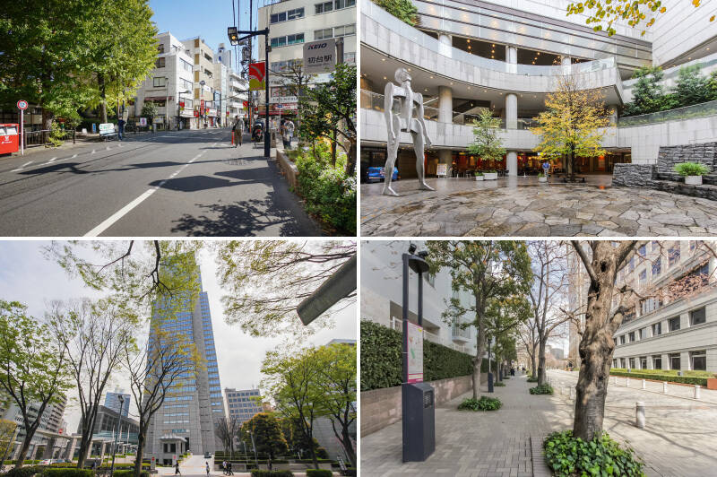 <b>左上・</b>最寄り駅は京王線「<b>初台</b>」。(徒歩6分)/<b>右上・</b>駅直結の文化複合施設「<b>東京オペラシティ</b>」には、和洋中を取り揃えたレストランやアートギャラリーが入っています。現代舞台芸術を楽しむことのできる「<b>新国立劇場</b>」も隣接しており、芸術に親しめる環境です。(徒歩3分)/<b>左下・</b>「<b>パークハイアット東京</b>」もご近所。(徒歩9分)/<b>右下・</b>「新宿」駅方面までは「<b>玉川上水旧水路緑道(代々木緑道)</b>」を通って徒歩でアクセスできます。