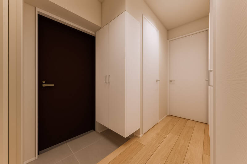 冒頭で企画担当からご紹介した通り、こちらの住戸の間取りは振り分けタイプの1LDK。画像右奥に洋室、背面にLDKがあります。