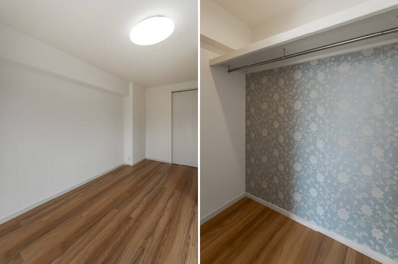 <b>左・</b>引き戸を開けると、奥行きの深いクローゼットが備わっています。収納事情も安泰そう。/<b>右・</b>クローゼット内部のアクセントクロスはお好みが分かれるところカモ。自分好みに貼り替えるのも思い出の1ページに♡