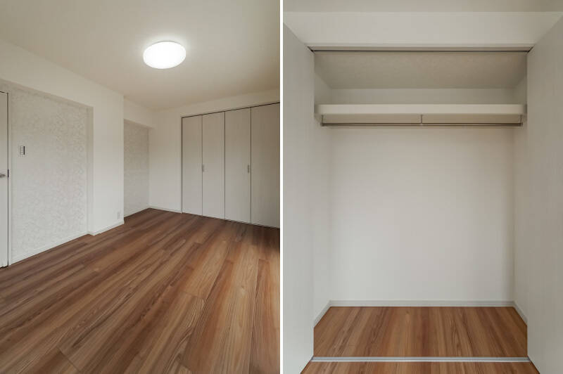 <b>左・</b>壁は洋室Aのクローゼットと同じ模様のアクセントクロスで仕上げられています。/<b>右・</b>クローゼットは奥行きがたっぷりしていて使いやすそう。