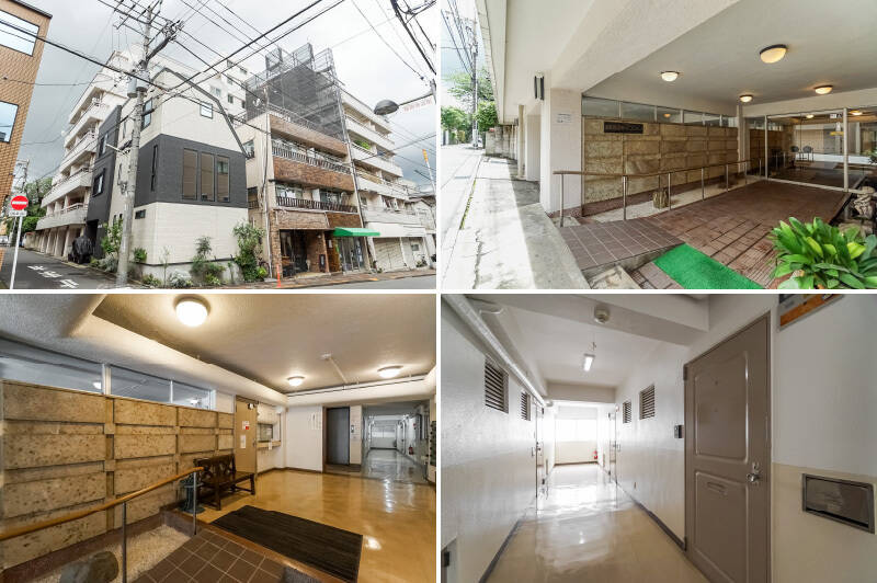 <b>左上・</b>手前の2軒を抱えるように建つ、白いタイル貼りの建物(奥)がご紹介のマンションです。1967年築という長い歴史があり、それなりのレトロ感が漂っています。/<b>右上・</b>大通りから奥に入ったところにエントランスが。小さな鯉の泳ぐ池や玉砂利の坪庭があり、個人的にはグッと来ました。/<b>左下・</b>共用ロビーもほんのり昭和な雰囲気。管理人さんは週4日・午前中のご勤務です。/<b>右下・</b>自然光の入る6階の共用廊下。