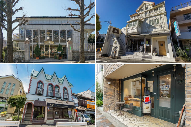 <b>左上・</b>田園調布といえば、駅近くのケーキ屋さん「Lepi Dor (レピドール)田園調布」は外せません。2階には喫茶室も併設した堂々たる佇まいです。(徒歩9分)/<b>右上・</b>この地で30年以上続くイタリアンレストラン「パスタRI(アールワン)」。自然光が行き渡るテラス席で、優雅なひと時をどうぞ。(徒歩8分)/<b>左下・</b>ヨーロッパのお城のような外観が目を引くデリカテッセン「Metzgerei SASAKI(メッツゲライ ササキ)」には、本場ドイツ仕込みのハムやソーセージ、パテが並びます。お好みのワインとともに……♡(徒歩9分)/<b>右下・</b>マンションすぐ隣のベーカリー「est Panis(エスト パニス)」には自家製りんご酵母を使ったパンがずらり。料理教室も開催しているそうですよ。(徒歩1分)