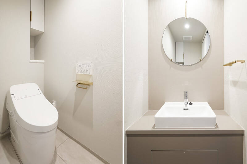 <p>トイレには、使いやすい独立型の手洗い器が備わっています。</p>