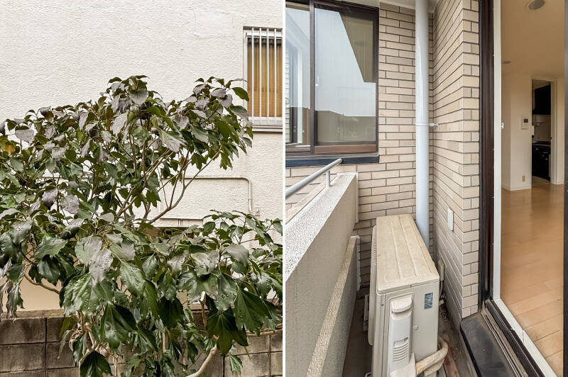 バルコニーはコンパクトなサイズ感で、室外機置き場程度の広さをイメージしておくとよさそう。洗濯物を干す際は、浴室乾燥機をご活用くださいね!