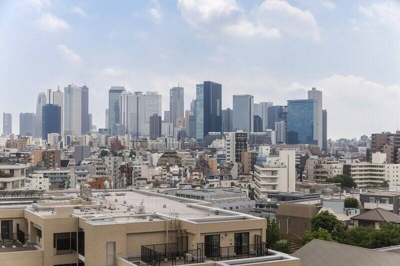 早速バルコニーに出てみました。目の前には「新宿」のビル群。視線を先に送るに従って徐々に建物が高くなっていくため、奥行き感があるのも素敵です。