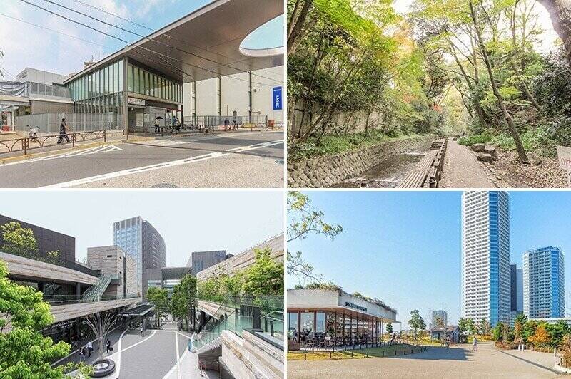 <p><b>左上・</b>物件の最寄りは東急大井町線「上野毛」駅で、徒歩8分の距離。空が見えるモダンな駅舎は、さりげなく安藤忠雄氏の建築なのです。/<b>右上・</b>足を伸ばせば、マイナスイオンに包まれる都会のオアシス「等々力渓谷」が。2026年8月までは園内整備により残念ながら通行止めに。解禁が待ち遠しい!(徒歩25分)/<b>左下・</b>「二子玉川ライズショッピングセンター」だって徒歩圏内!“ニコタマエリア” がテリトリーになるのはうれしいですね。(徒歩13分)/<b>右下・</b>緑豊かな芝生と大きな空。さまざまな世代の憩いの場となっている「二子玉川公園」は夕日の名所としても知られています。(徒歩14分)</p>