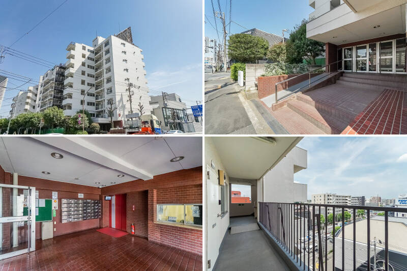 <p><b>左上・</b>環八通り沿いに佇む白い9階建てマンション。全2棟・総戸数は71戸あります。/<b>右上・</b>エントランスのスロープのお隣には、小さな「上野毛北公園」があります。緑を楽しめていいですね!/<b>左下・</b>レトロ感が漂うエントランスホール。管理人さんは週6日間勤務されています。/<b>右下・</b>手前がご紹介の住戸の玄関扉です。ここでは環八からの走行音が大きく聞こえてきます。ちなみに、眼下にはベンツ高性能モデルの専売店が。</p>