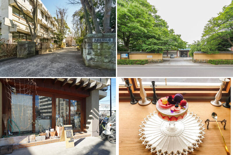 <b>左上・</b>駅から物件の間にある「多摩美術大学 上野毛キャンパス」は2026年度にピカピカの新校舎が竣工予定。美大の文化祭ってちょっと気になりますよね。(徒歩4分)/<b>右上・</b>東急電鉄の創設者、五島慶太氏のコレクションを保存・展示する「五島美術館」。約6,000坪もの敷地に広がる見事な庭園に注目です。(徒歩8分)/<b>左下・</b>環八の向こうには可愛いベーカリー「La pagnotta(ラ・パニョッタ)」が。注文してから揚げてくれるカリッカリのカレーパンは絶品です。(徒歩4分)/<b>右下・</b>“パフェの聖地” の異名を持つ、超美麗なスイーツがいただけるサロン「L'atelier a ma facon(ラトリエ・ア・マ・ファソン)」もご近所に。SNS投稿が……止まらないっ……!(徒歩7分)