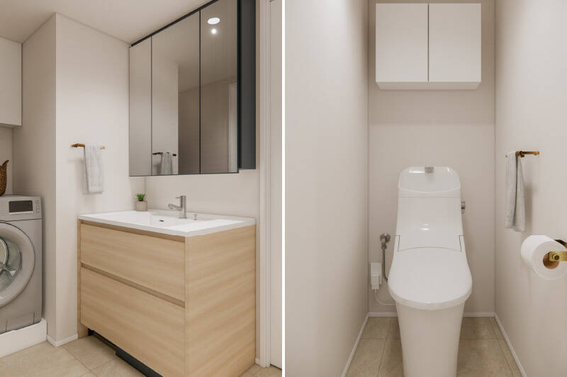 <b>左・</b>カウカモオリジナルデザインの、ナチュラルモダンな洗面台。/<b>右・</b>トイレはシンプルながらも、タオル掛けやペーパーホルダーにお揃いの真鍮が採用されています。
