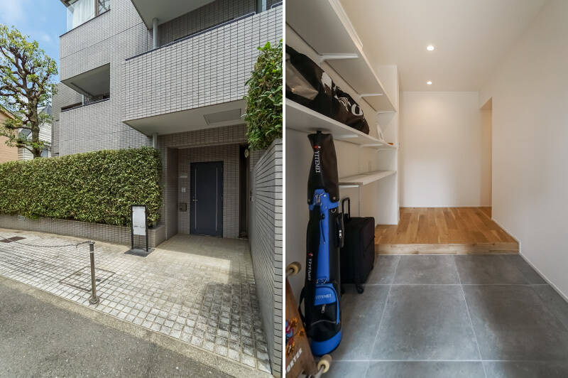 <b>左・</b>実はこちらの住戸、道路から直接アクセスできる、第二の「専用玄関」がついているんです。共用部を通らずに生活できてしまうので、かなり戸建てに近い印象ですね。/<b>右・</b>ゆったり余裕のある土間がお出迎え。共用廊下側の玄関より、こちらをメインに活用することが多くなりそうです。