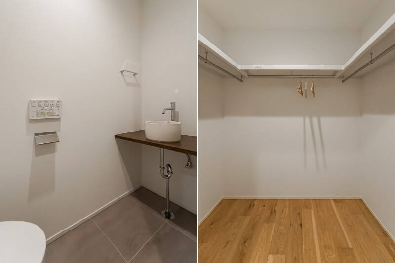 <b>左・</b>トイレがゆったりしていて画角に収まらないので、便器を諦めて陶器の手洗い器に注目してみました。ちょっと手水鉢みたいで可愛いです。/<b>右・</b>廊下の途中にあった、ビッグサイズのWICをアップで。誰の部屋にも属していないファミリークローゼットがあると、季節ものを格納しておけたり、とっても便利なんです。