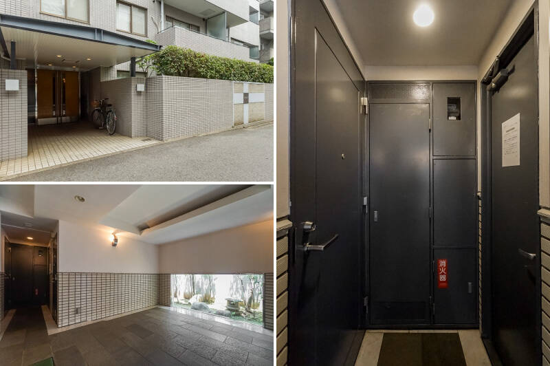 <b>左上・</b>通常の居住者用エントランスはこちら。前面道路の交通量は多くなさそうです。/<b>左下・</b>オートロックを抜けると、小さな和風庭園が。左手奥に、住戸の玄関扉があります。/<b>右・</b>玄関前はややタイトな印象を受けるかも。すぐ目の前にゴミ捨て場の入り口があるので、ゴミ出しがとっても楽ちんです◎