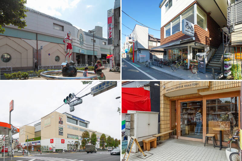 <b>左上・</b>「祖師ヶ谷大蔵」駅前に佇む「ウルトラマン」像。かつて制作会社「円谷プロ」の本社があったことから、今もこの街のシンボルとなっています。物件へはここから商店街を直進です!(徒歩9分)/<b>右上・</b>タレントの木梨憲武さんのご実家「木梨サイクル」もこの街に。木梨憲武さんデザインのオリジナルグッズも販売しています。(徒歩5分)/<b>左下・</b>実はこのエリア、温泉も出るんです。環八通り沿いにある「THE SPA 成城」は源泉掛け流しの温泉施設。大きな露天風呂もあります!(徒歩13分)/<b>右下・</b>物件すぐそばでおしゃれ自家焙煎カフェ「Passage Coffee Roastery」を発見。コーヒー党の方は要チェックですよ♡(徒歩1分)
