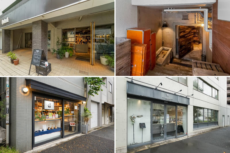 <b>左上・</b>上原仲通り商店街の入口にある「 Quindi(クインディ)」は、生産者を厳選したこだわりのイタリアンを提供するお店。物販スペースでは料理に使用されている食材やワインなどを購入することも◎(徒歩8分)/<b>右上・</b>時代を超え長く愛用できるアイテムが揃うセレクトショップ「Roundabout(ラウンダバウト)。(徒歩4分)/<b>左下・</b>ナッツやコーディアル、グラノーラなど、朝食を彩る美味しいアイテムが揃う「NOOKS FOODS(ヌークスフーズ)代々木上原本店」。手土産にどうぞ。(徒歩9分) /<b>右下・</b>パティスリー「ASTERISQUE(アステリスク)」は、パティシエ和泉光一氏によるお店。見た目も可愛いケーキがたくさん並び、思わずふらっと立ち寄りたくなります。(徒歩7分)