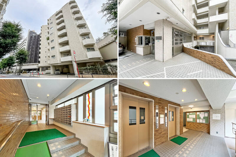 <b>左上・</b>1971年築、地上12階建て、総戸数80戸のマンション。2017年に大規模修繕工事を実施済みです。/<b>右上・</b>エントランスのそばに管理人室があり安心感◎ 管理人さんは月曜日から土曜日、9時から17時まで勤務されています。/<b>左下・</b>共用ホールを進んで中へ。階段の横にスロープがあります。/<b>右下・</b>こちらのエレベーターで住戸のある7階へ。