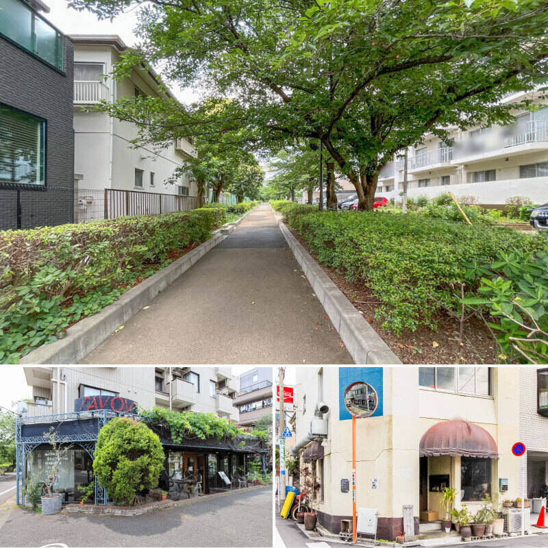 <p><b>上・</b>マンションの前の「蛇崩川緑道」。桜並木が続き、春の季節が楽しみ。<b>/左下・</b>「蛇崩川緑道」沿いにあるピッツァの有名店「SAVOY(サヴォイ)」(徒歩7分)。<b>/右下・</b>三軒茶屋方面にあるビストロ「uguisu(ウグイス)」。メディアにもたびたび登場しているようです(徒歩7分)。</p>