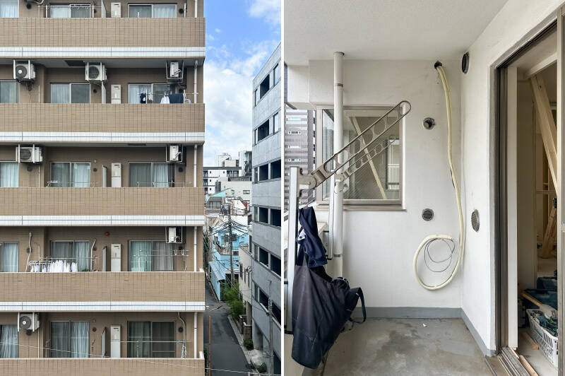LDKからアクセスする西向きのバルコニー。正面には道路を挟んで別の建物が見えます。