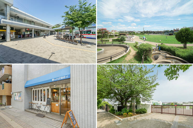 <b>左上・</b>最寄りは東急田園都市線「<b>鷺沼</b>」駅。渋谷駅までの乗車時間は、急行を利用すれば乗り換えなしで約19分です。(徒歩10分)/<b>右上・</b>複数エリアで構成される施設「カッパーク鷺沼」内の「<b>鷺沼ふれあい広場</b>」。水遊びのできるじゃぶじゃぶ池や広い芝生があり、
子ども連れのファミリーで賑わっています。(徒歩6分)/<b>左下・</b>大きなベルギーワッフルが人気のカフェ「<b>NEW YORK COFFEE(ニューヨークコーヒー)</b>」。(徒歩7分)/<b>右下・</b>学区指定(2025年7月現在)の「<b>川崎市立土橋小学校</b>」までは徒歩5分です。