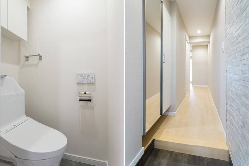 <b>左・</b>トイレは廊下沿いに独立しています。/<b>右</b>・LDKと同じく明るいトーンの玄関&廊下。