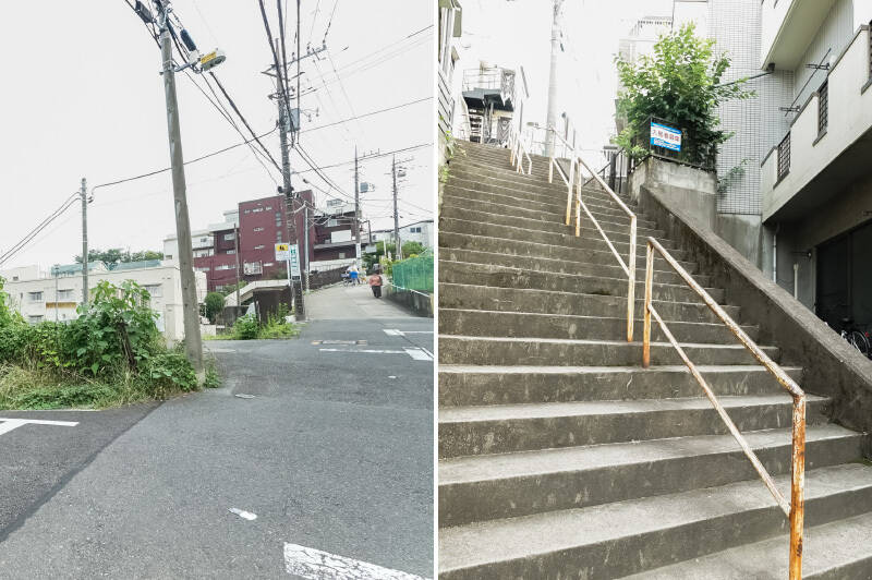 「上板橋」駅まで最短距離で歩こうとすると坂道や階段を通ります。自転車やベビーカーの場合、ちょっと迂回して環八沿いを行くのがオススメ(約1.6km・自転車で約7分)。