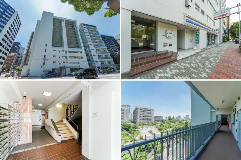 <b>左上・</b>靖国通り沿いに佇む、14階建て・総戸数55戸のマンションです。4階までがテナント、5階以上が住居専用フロアになっています。/<b>右上・</b>エントランスは靖国通り沿いにふたつ。オートロックはありませんが、防犯カメラ完備です。/<b>左下・</b>エレベーターは2基備わっており、それぞれ事務所フロア専用と住居フロア専用に分かれています。/<b>右下・</b>9階の共用廊下からは、堂々たる “防衛省ビュー”! 交通量の多い靖国通りに面しているため、ここでは車の走行音がダイナミックに聞こえてきます。