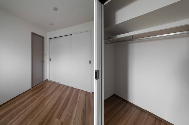 ちょっと特筆したいのが、こちらの住まいのクローゼットがとても使いやすそうだということ。よく見かける折れ戸ではなく、スムーズに連動する3枚引き戸がセレクトされています。クローゼット自体の奥行きもたっぷりですよ。