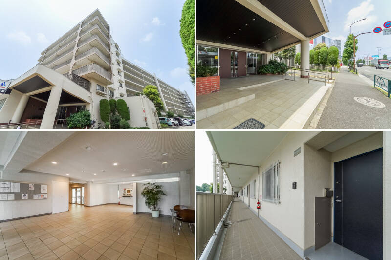 <b>左上・</b>マンションは地上7階建て、総戸数は96戸あります。こまめにお手入れされてきているようで、築年数を感じさせない清潔感たっぷりの佇まいです。/<b>右上・</b>大きく突き出した庇がカッコいいエントランス。段差にはスロープが添えられた優しい設計です♡/<b>左下・</b>オートロックの先には広々とした共用ホールや集会室が。宅配ボックスも完備していますよ。/<b>右下・</b>住戸の玄関扉はダブルロックで重厚感あるものが採用されています。共用廊下からはマンションの駐車場を見下ろす格好です。