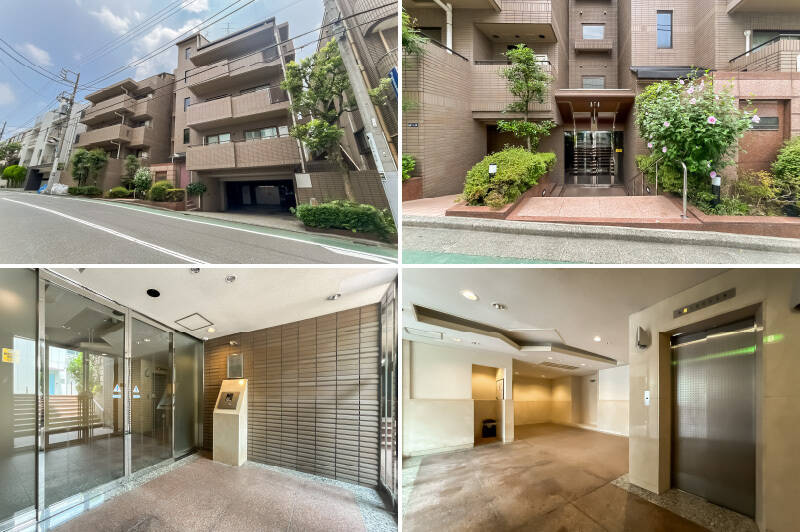 <b>左上・</b>緩やかな銀杏坂の途中に建つのが、今回のマンション。竣工は1993年、総戸数は17戸です。/<b>右上・</b>数段の階段を下りてエントランスへ。/<b>左下・</b>入り口はオートロック付き。/<b>右下・</b>4階の住戸へはこちらのエレベーターから。