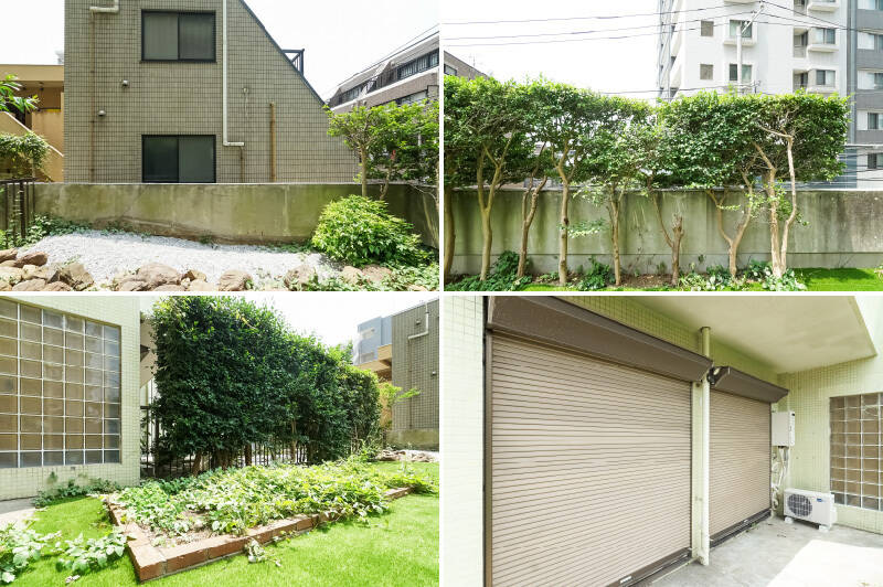 <b>左上・</b>専用庭の正面には、砂利が敷かれていて少し和のテイスト。/<b>右上・</b>道路向きのカット。マンションがあり視線は少し気になりますが、道路分の距離は取れています。/<b>左下・</b>花壇には何を植えましょうか。陽当たり良好なので、スクスクと育ちそうですね。チラリと見えているガラスブロックにきゅんです。/<b>右下・</b>窓には珍しく手動シャッターが備わっており、閉めるとこんなかんじに。