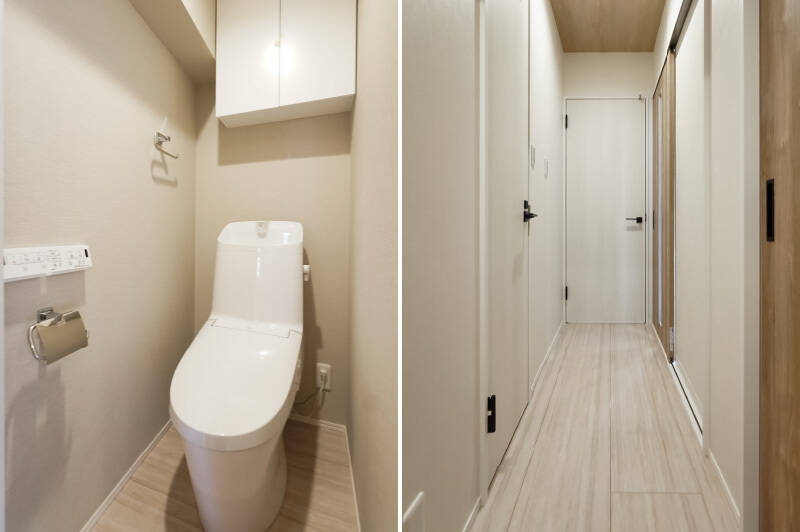 <b>左・</b>トイレは廊下沿いに独立して配置。/<b>右・</b>水まわりとサービスルームは、廊下からアクセスします。