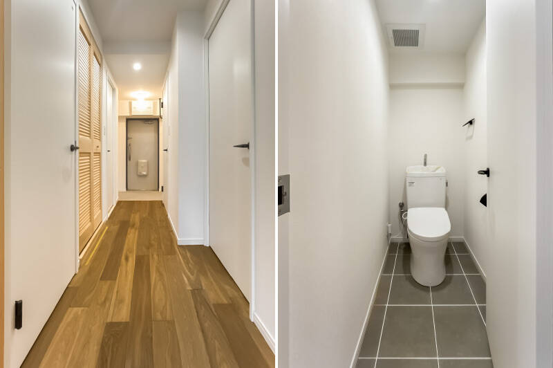 ルーバー扉の中が洗濯機置き場で、その奥がトイレです。