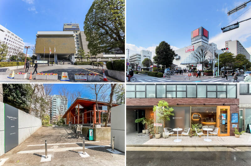 <b>左上・</b>なんと「江東区役所」が徒歩3分の距離に。マンションの目の前には「江東区文化センター」がありますよ。/<b>右上・</b>24時間営業の「西友 東陽町店」も徒歩2分。スーパーの選択肢が豊富です。/<b>左下・</b>住まいやオフィスをつくってきたgoodroomがオープンした「goodcoffee東陽町」。気持ちのいいサードプレイスとして通うのもオススメです。(徒歩5分)/<b>右下・</b>普段は男性専用ですが、レディースデーも用意されている「sauna&bath NiHITARU」。“ひたるサウナ” をご堪能あれ。(徒歩5分)