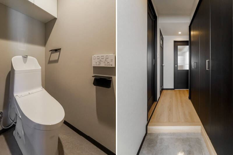 <b>左・</b>水まわりの隣に、独立したトイレがあります。収納をしっかり確保したシンプルな設えです。/<b>右・</b>玄関はコンパクトなので、鏡を使って開放感を出すのがおすすめ。左手が水まわりとトイレ、右手が靴収納と電気温水器置き場です。