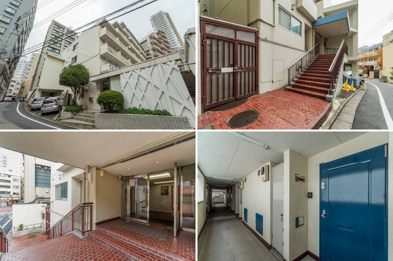 <b>左上・</b>マンションは「権之助坂」から一本奥に入ったところに。総戸数36戸のレトロ感ある佇まいで、1階にはテナントとして美容ブランド会社が入居しています。/<b>右上・</b>道路とエントランスの間には階段があるのでちょっとご注意ください。/<b>左下・</b>階段を上ってパシャリ。中に入るとコンパクトな共用ホールの先に、すぐエレベーターがあります。/<b>右下・</b>こちらが、住戸の所在する3階の共用廊下です。玄関扉の隣にはスリムな物入れが備わっています。
