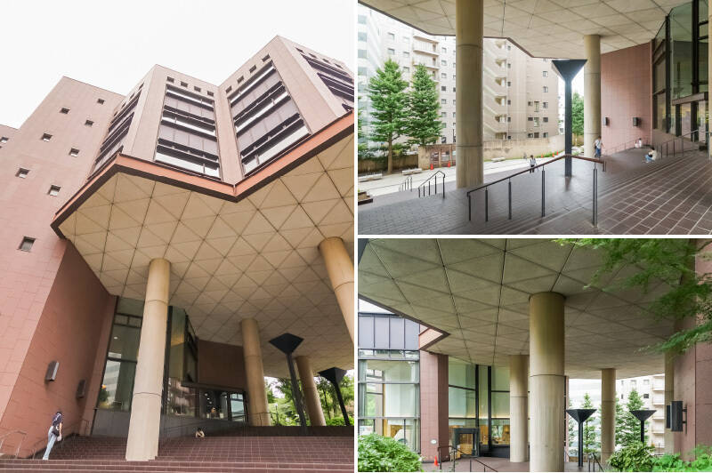 六⾓形を組み合わせた形状が特徴の地上５階建ての「<b>横浜市中央図書館</b>」。約130万冊と膨大な蔵書数を誇る、横浜市民の憩いの場所です。ここなら、１日中どっぷり読書に浸れますよ。（徒歩３分）