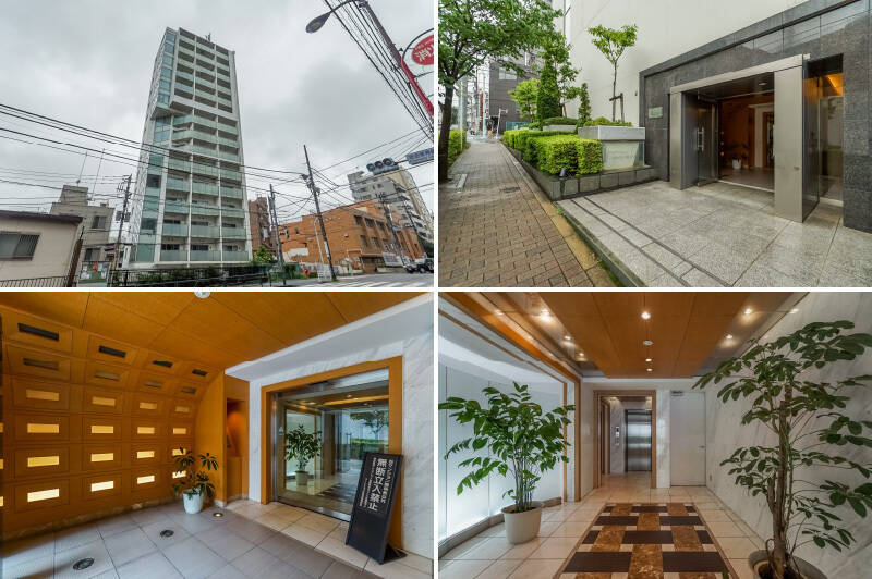 <b>左上・</b>建物全景をパシャリ。15階建て、総戸数73個のスタイリッシュなマンションです。/<b>右上・</b>エントランスは「恵比寿通り」沿いにあります。/<b>左下・</b>こちらのマンション、共用部がちょっとカッコいいんです。まずはオートロック前のホール。/<b>右下・</b>その先のロビー。管理人さんは週5日のご勤務です。エレベーターは住民の鍵がないと動かないタイプなので安心感がありますね◎ 掲示板の貼り紙からも、マンション全体の防犯意識の高さが感じられました。